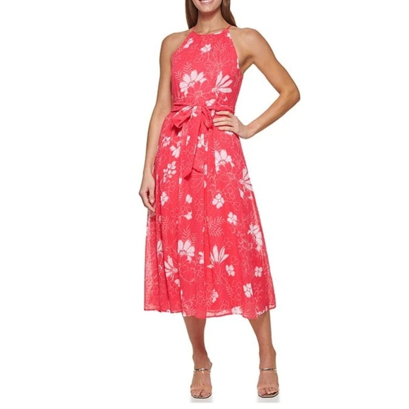 dkny printed tie neck midi dress